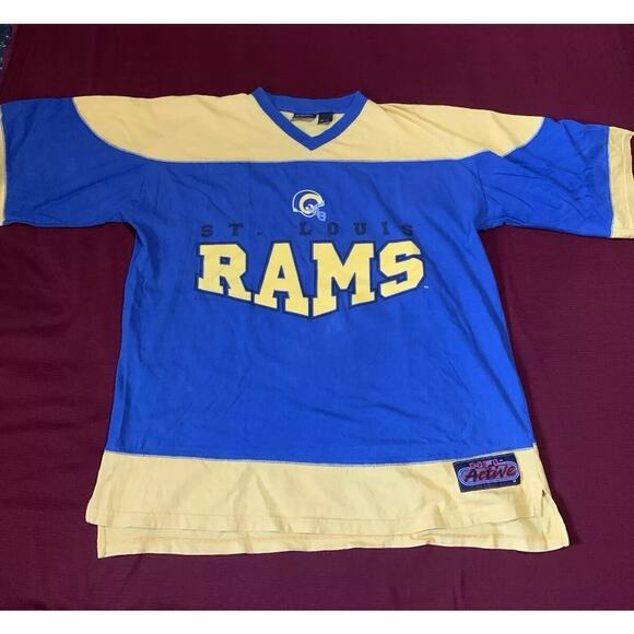 Vintage 1997 St. Louis Rams NFL Active Blue Yellow Half Sleeve Shirt Sz Large - Picture 1 of 6